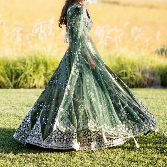 Green Velvet Bridal Lehenga - Matsya World - Picture 2 of 2